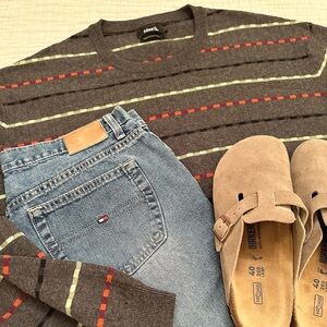 90s Ashworth Vintage Men's Cotton/Wool Blend Gray Sweater W/ Multicolor Stripe